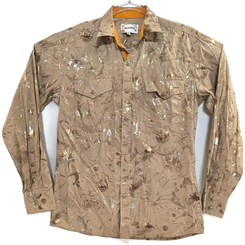 Ace Of Diamond Shirt Mens Small Brown Western Pearl Snap Floral‎ Metallic